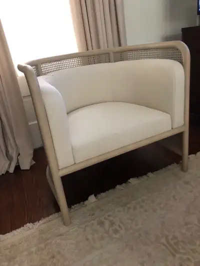 Brand new, crate and Barrel Leanne Ford cane chair in gorgeous whitewash oak with creamy white uphol...