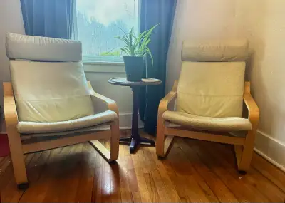 2 beige leather ikea chairs (poang), View more