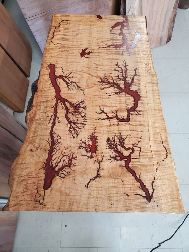 Maple side table w/ walnut legs and red fractal burned in Other Tables in City of Toronto - Image 2