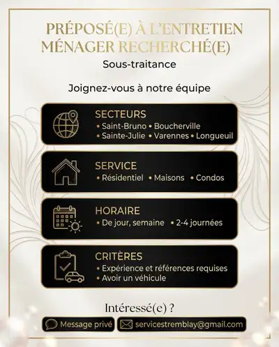 Nous sommes actuellement à la recherche d’une préposée à l’entretien ménager RÉSIDENTIEL pour desser...
