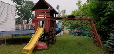 Study quality wooden swing set with tubular slide and tire swing, View more