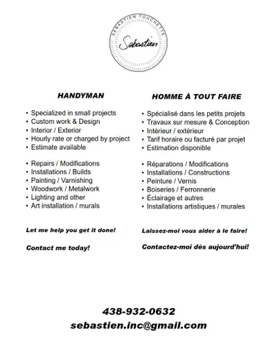 Disponible à travailler dans ces régions: - Longueuil / Rive-Sud et environs - Granby et environs -...
