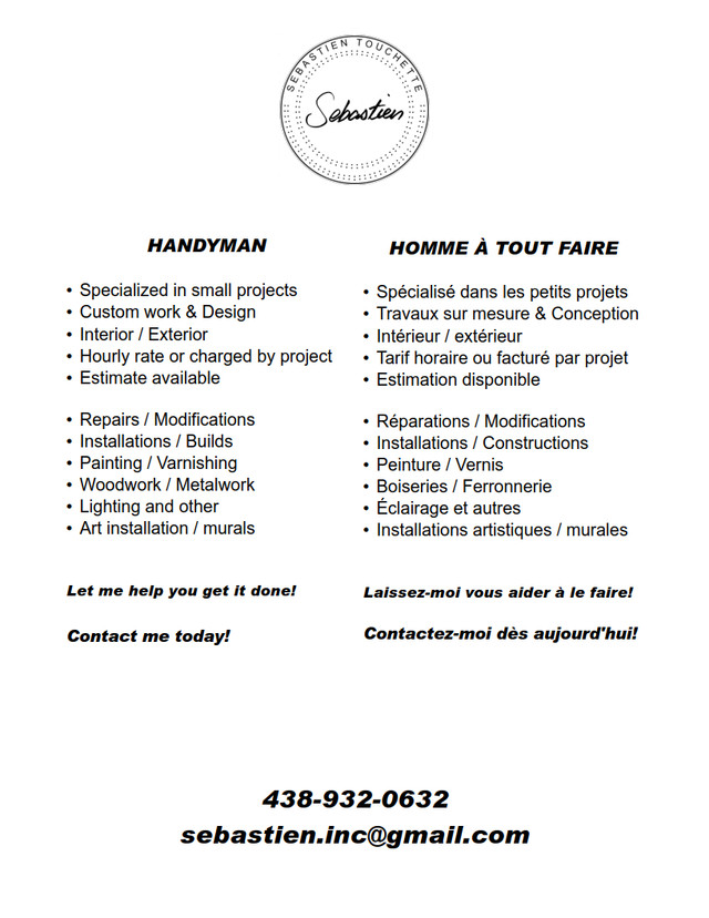 HANDYMAN / HOMME À TOUT FAIRE - Longueuil/Rive Sud dans Rénovation, construction et main d'oeuvre  à Longueuil/Rive Sud