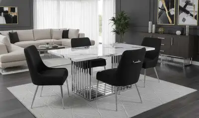 White Marble Dining Table Set – Chrome Base Modern 4-Seater, View more