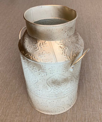 Shabby Chic White and Gold Metal Milk Can Vase Country Rustic Pr