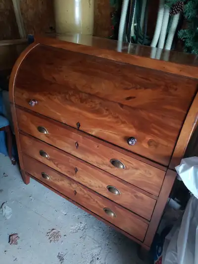 Antique barrel style roll top desk, View more