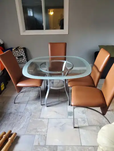 Glass dining table w/ chairs, View more