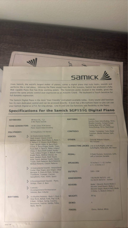 Samick SGP -151G Digital Piano in Pianos & Keyboards in Richmond - Image 3