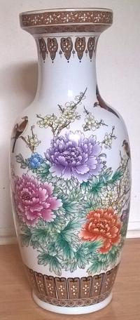 Antique Chinese White Vase with Flowers, Birds & Butterflies