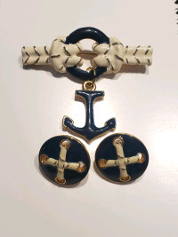 Vintage Nautical Jewelry Set Brooch and Earrings Knot Anchor