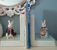 Vintage ceramic dressed up lady and man bunny rabbit bookends