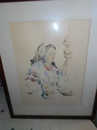 Signed Painting of Welsh Woman Spinning $25. - 36 x 29 x 19