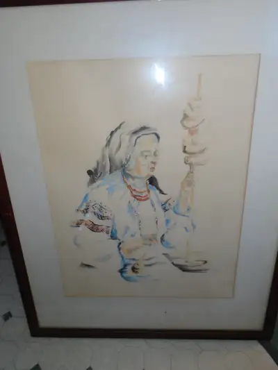 Signed Painting of Welsh Woman Spinning $25. - 36 x 29 x 19, View more