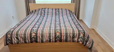SELLING IS FOR TRAVEL PURPOSE King size light wooden colour bed frame $200 winter quilted bedspread...