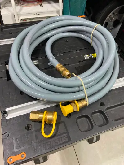Natural Gas / Propane hose. CSA approved. 36 feet long x 3/4” ID hose with solid brass quick disconn...