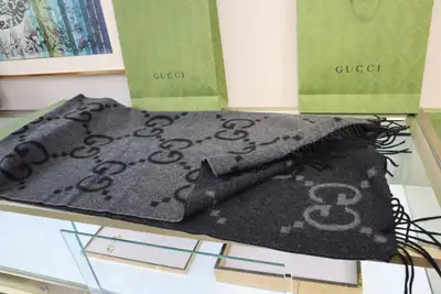 New Gucci Dark Grey GG Logo Wool Blended Scarf Shawl Wrap, View more