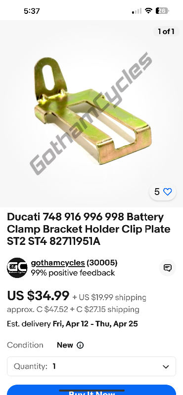 Ducati Battery Holder Bracket later 748 996 998 ST2 ST4 in Motorcycle Parts & Accessories in Barrie - Image 6