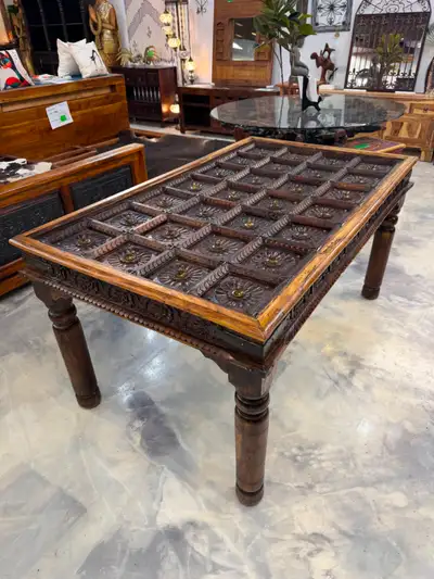 ✅ Table à diner magnifique acacia sculpté, table de cuisine inde, View more