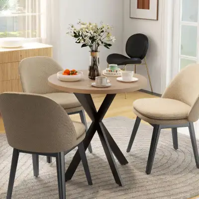 29" Dining Table, Contemporary Round Kitchen Table with Steel Legs, Brown Features: • Features a cle...