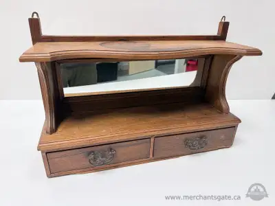 Vintage Wood Wall Shelf with Mirror and Two Drawers, View more