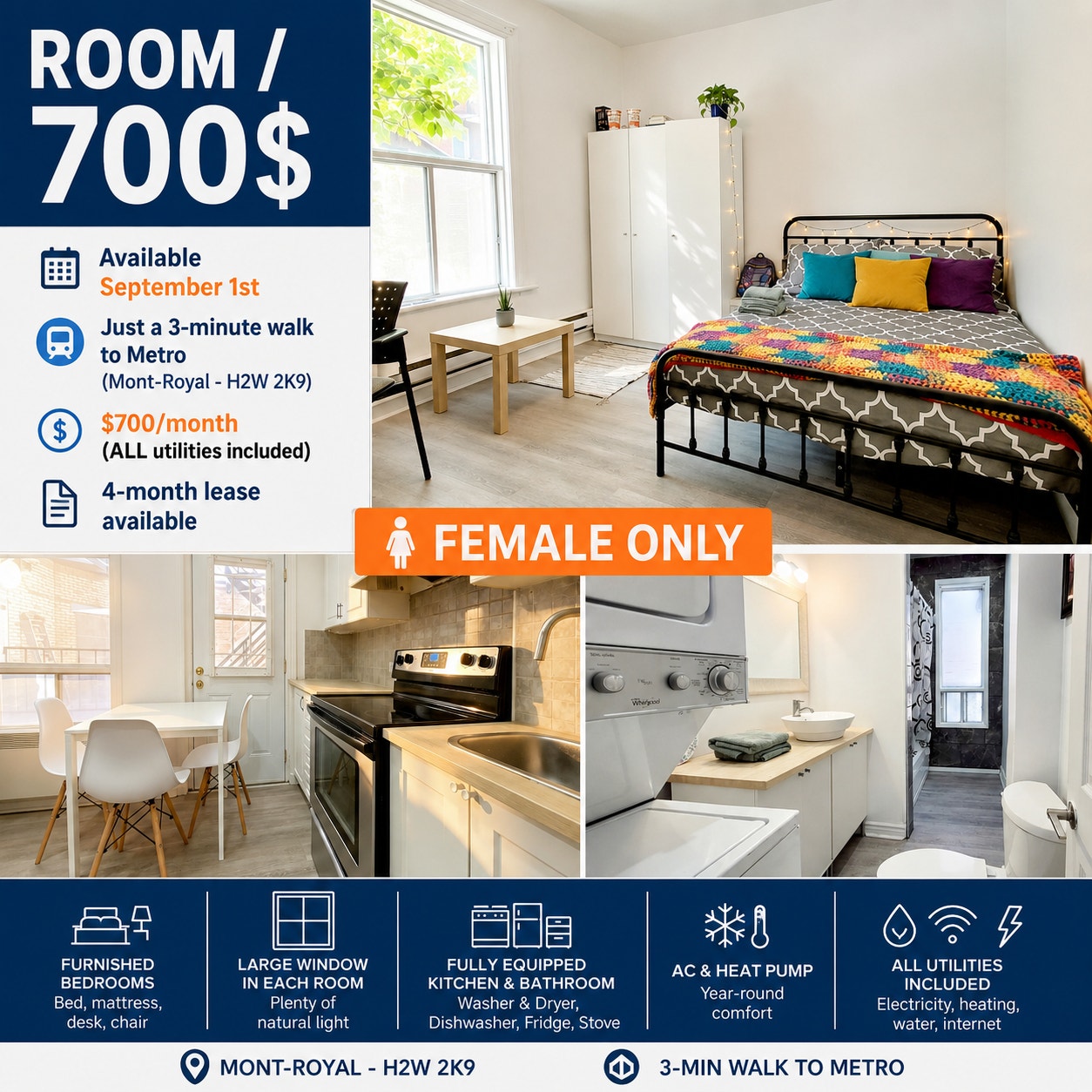700$ / FEMALE ONLY/ 4 MONTH/ SEP TO DEC/ STUDENTS ONLY / FURNISH — photo 1