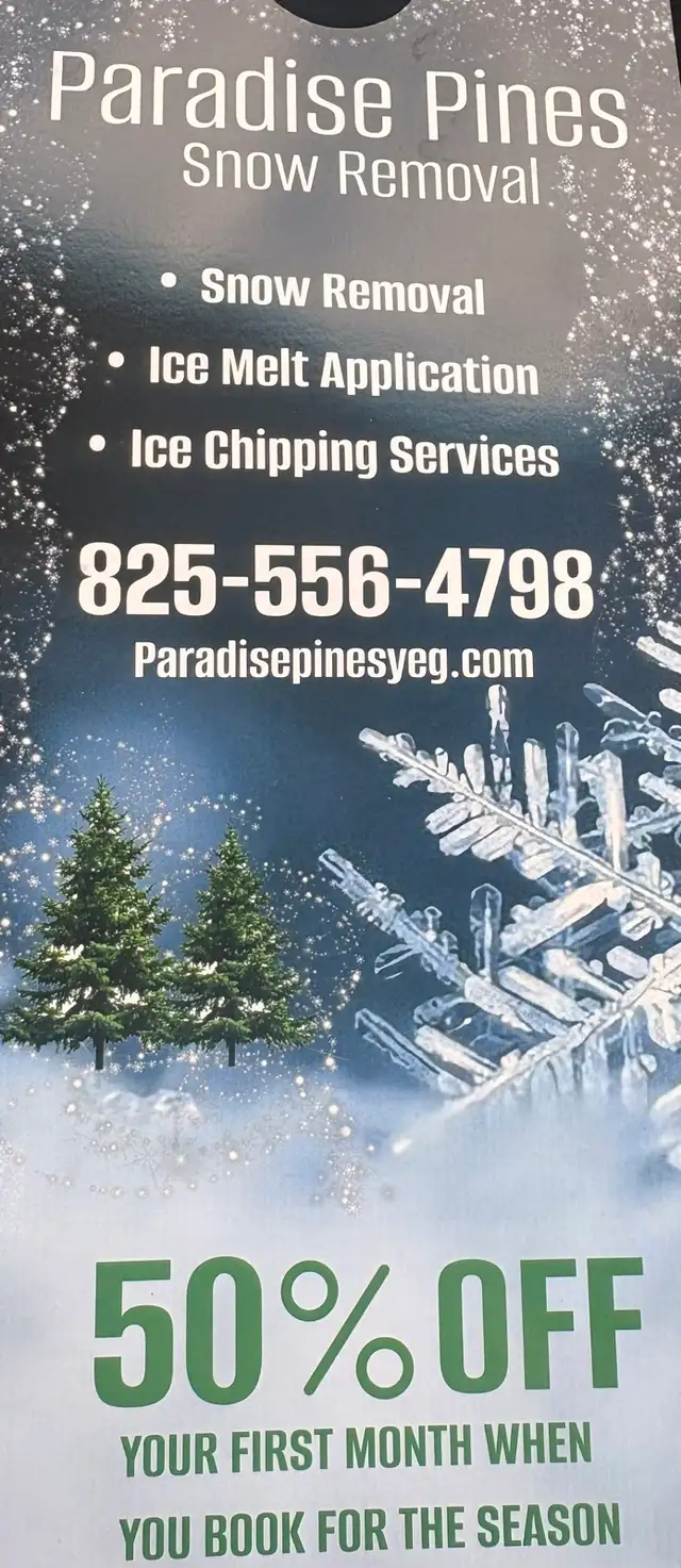 Snow removal. 50% off first month when booking Seasonal.