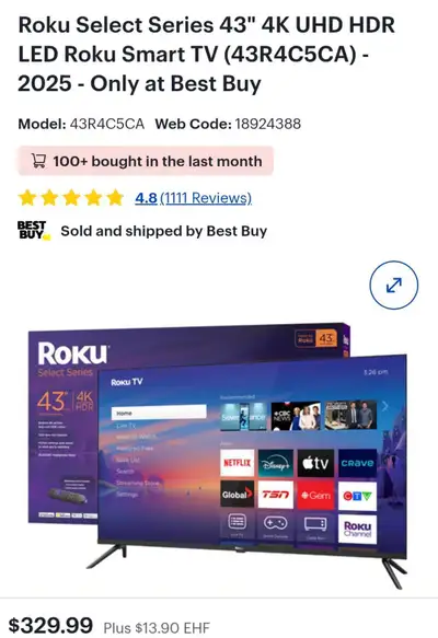 Roku Select Series 43" 4K UHD HDR LED Roku Smart TV Model 43R4C5CA (2025) These are open box like ne...