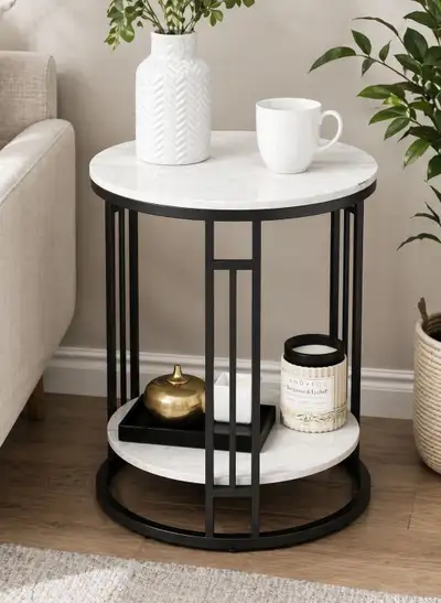 Round Wood & Metal Side Table with Marble Finish and Storage , View more