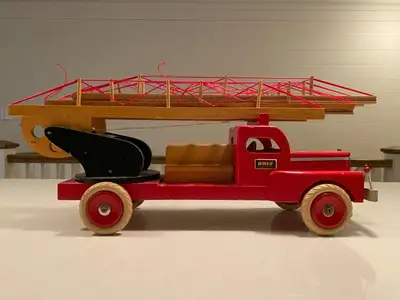 Vintage Brio Sweden FIRE ENGINE - Long Hood Large Wooden Truck W Ladders 1950's - 1960's. Approx 25"...