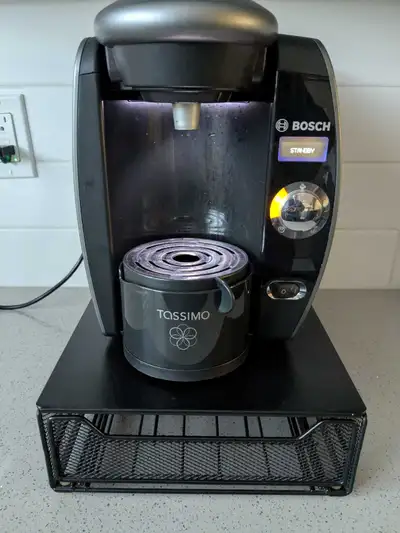 Tassimo single serve machine and pod stand, View more