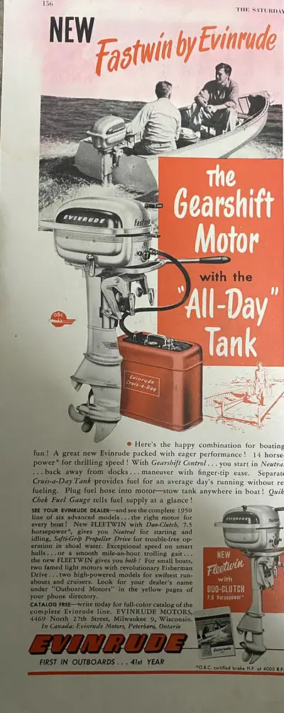 1950 Evinrude Fastwin Outboard Motor Original Ad, View more