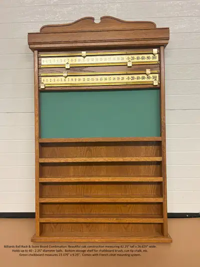 Beautiful Oak ball rack & score board combination with chalkboard- holds up to 40 billiard balls. Ra...
