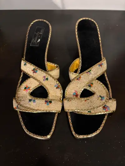 Vintage 1960s gold mule heels, View more