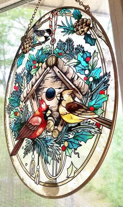 Vintage AMIA Handpainted Birds Suncatcher Oval Glass, View more