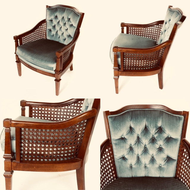 MID CENTURY MODERN HOLLYWOOD REGENCY CANE ,BLUE VELVET ARMCHAIRS in Chairs & Recliners in Regina - Image 2