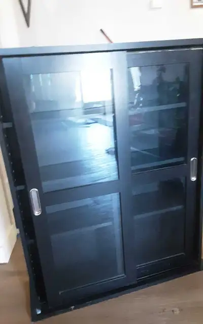 Black 4 shelves glass sliding doors