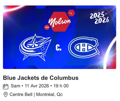  Canadiens de Montréal vs Blue Jackets – 11 avril 19h – 2 bill, View more