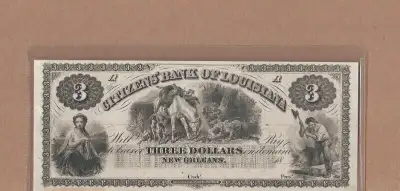1800's $3 The Citizens' Bank - New Orleans, LOUISIANA Note Ch.AU