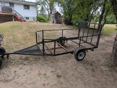 5' x8.5' bed. 13' overall length. Rims tires and axles are good. 13 inch rims. Needs a new base fram...