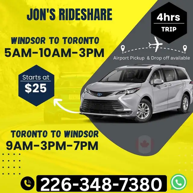 5AM ,10AM, 3PM,   》WINDSOR TO TORONTO - AVAILABLE 