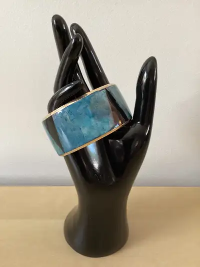 Vintage Wide Chunky Blue & Black Enamelled Brass Bangle Bracelet, View more