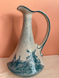 White and blue ceramic jug, hand painted pitcher, French vintage