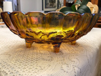 Vintage  oval  amber  glass footed bowl