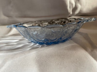 Vintage light blue depression glass candy dish with handles