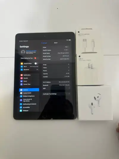 "Apple iPad 6th Gen in good working condition. Comes with AirPods, charger set, and delivery include...