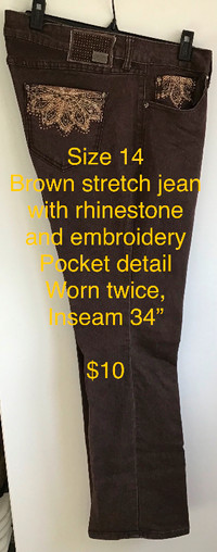 As new Ladies Sz 14-16 Brown stretch jeans, worn twice