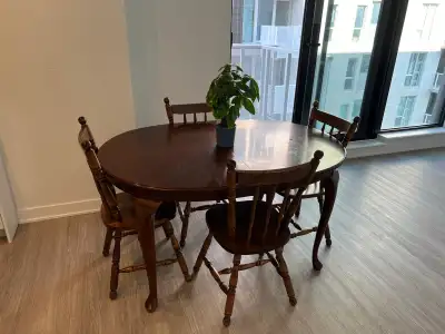 Solid Wood Round Dining Table with Extension Leaf & 4 Chairs, View more