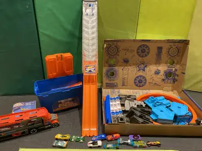 This used set includes a variety of tracks, connectors, and accessories to create thrilling race cou...