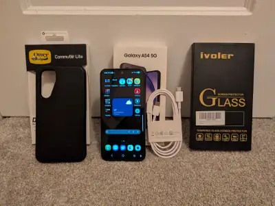 Used (like new) Samsung A54 5G (128gb) phone and accessories, View more