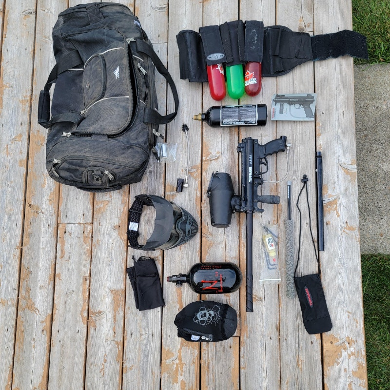 Tippmann A5 paintball marker set. Mask, barrel, tank, camo set